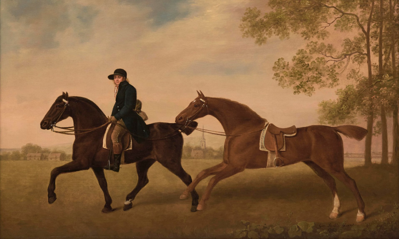 George Stubbs. Two riding horses with jockey in blue livery on the landscape