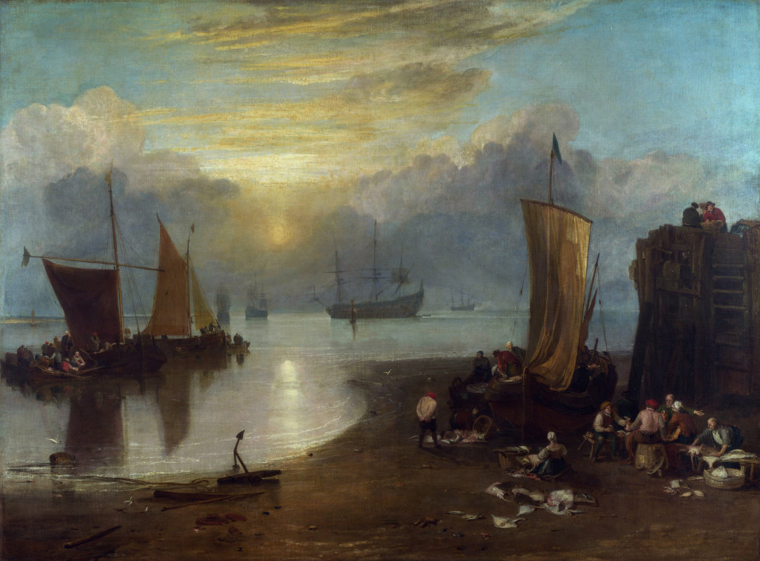 Joseph Mallord William Turner. Sunrise through the fog. Fishermen clean and sell the fish