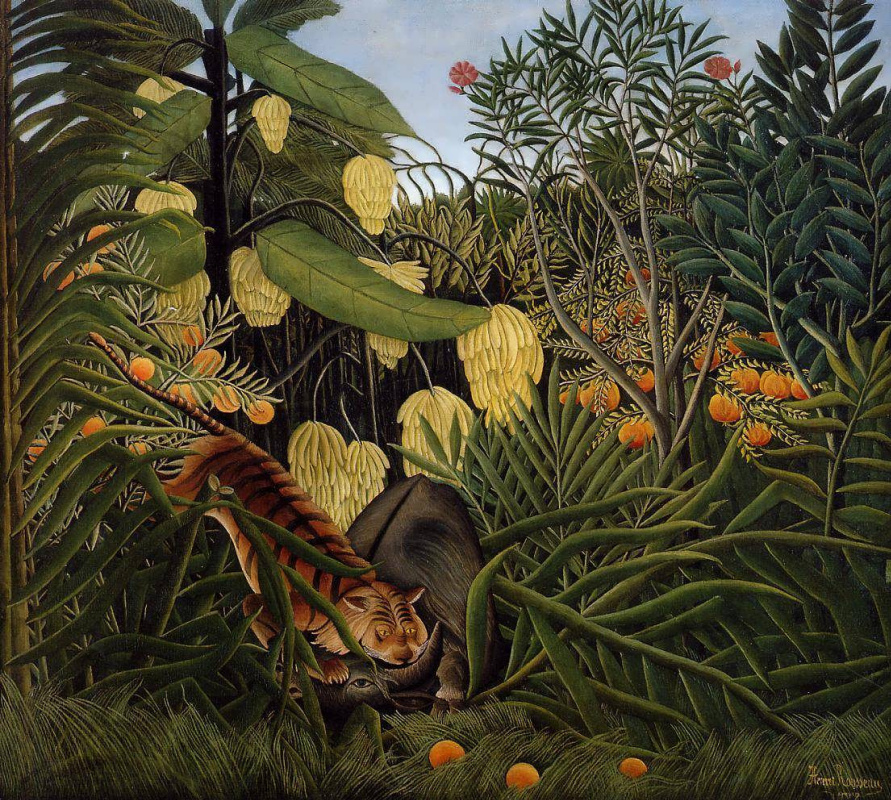 Henri Rousseau. Hungry tiger pounces on the Buffalo