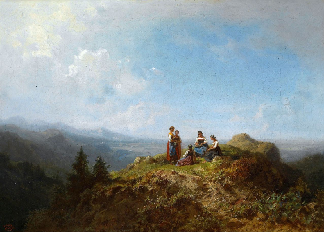 Karl Spitzweg. The Alpine landscape. Girls-maids on top of a hill