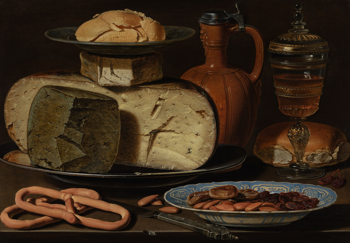 Clara Peters. Nature morte au fromage, amandes et bretzels