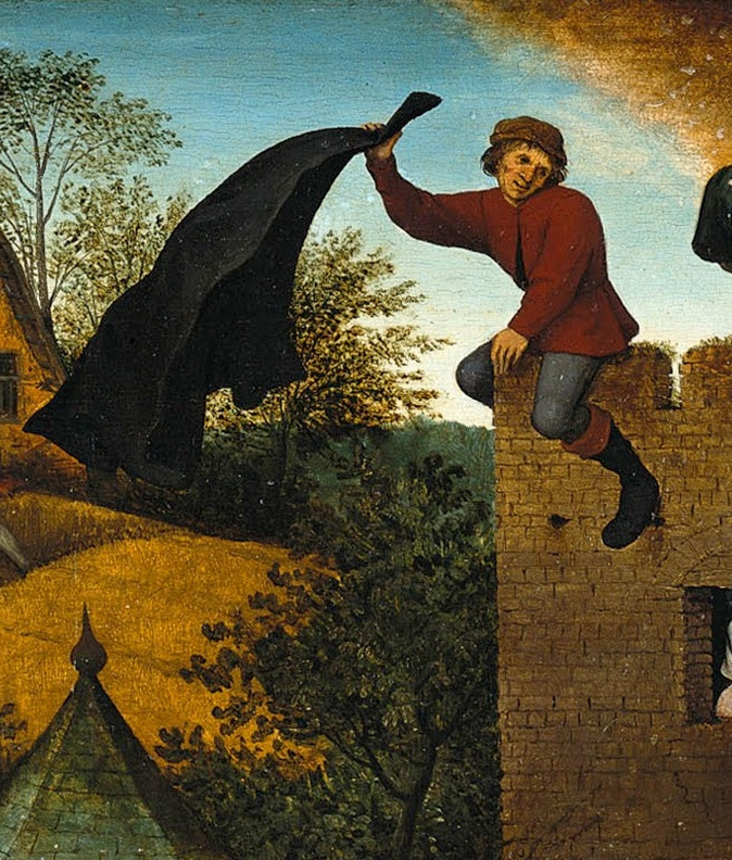 Pieter Bruegel The Elder. Flemish proverbs. Fragment: Hanging a raincoat downwind — adjust your opinion to the current moment.