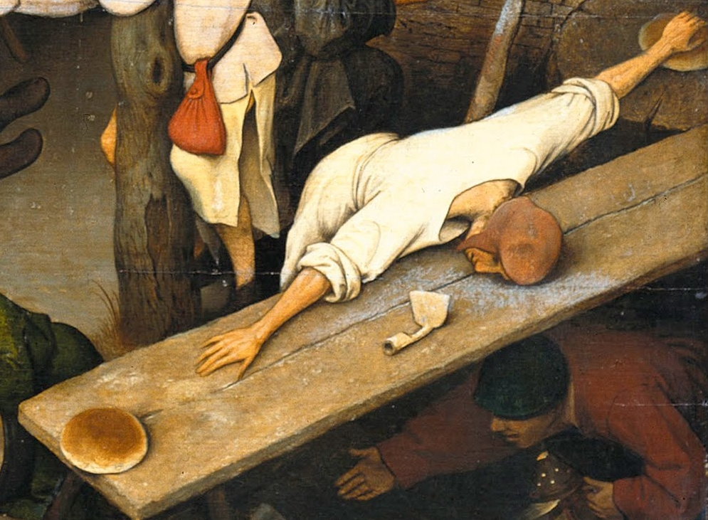 Pieter Bruegel The Elder. Flemish proverbs. Fragment: From a loaf of bread, not to reach another loaf - to have difficulties with money, with life according to the available means A hoe without a handle is something completely useless.