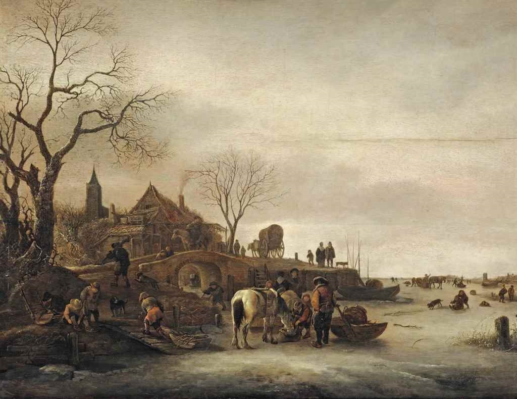 Isaac Jans van Ostade. Winter landscape with horses and figures on the ice