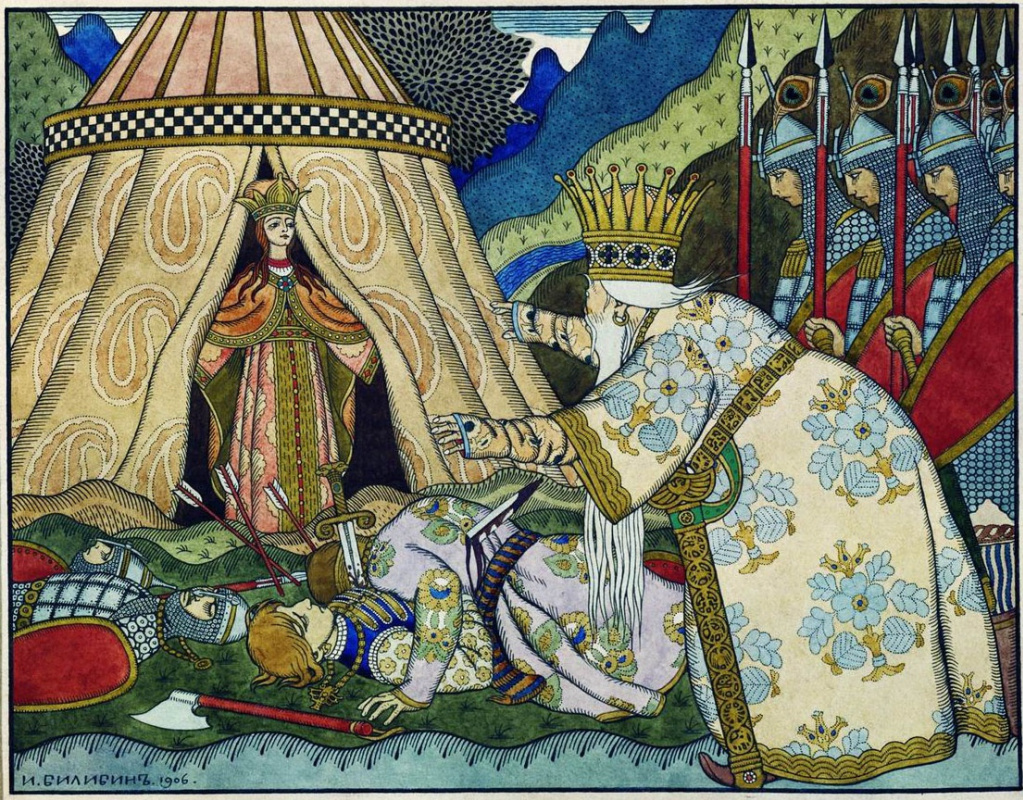 Ivan Bilibin Yakovlevich. King Dadon in front of the Queen of Shamakhi. Illustration to "The Tale of the Golden Cockerel" by A. S. Pushkin