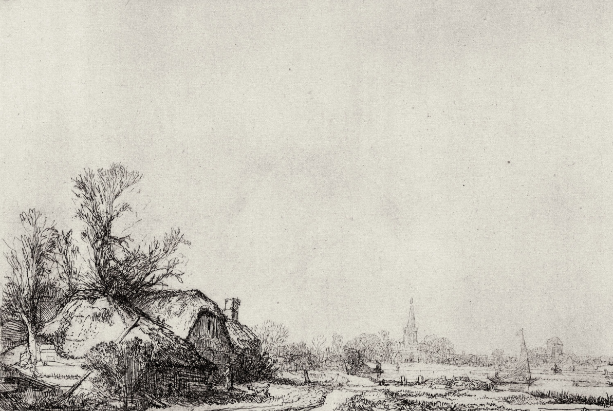 Rembrandt Harmenszoon van Rijn. The huts are along the canal