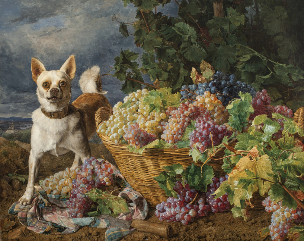 Ferdinand Georg Waldmüller. Paysage avec un chien près d'une corbeille de raisins