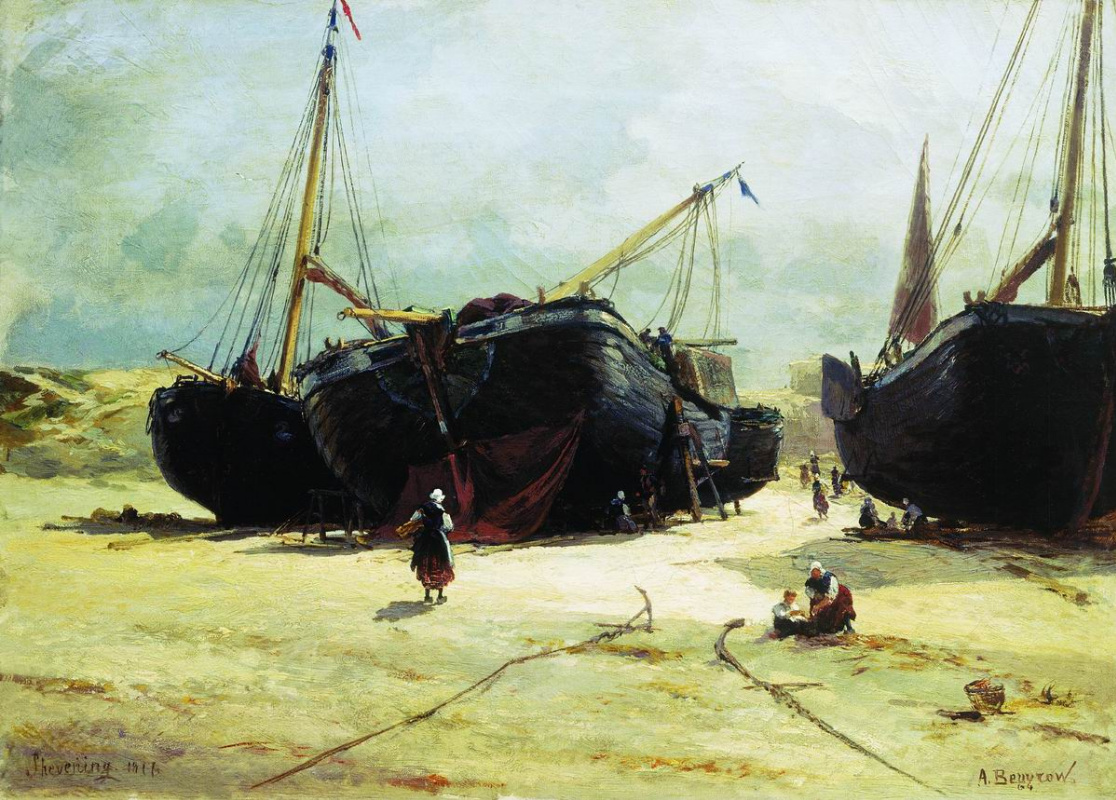 Alexander Karlovich Beggrov. Scheveningen. Repairing fishing vessels. 1877