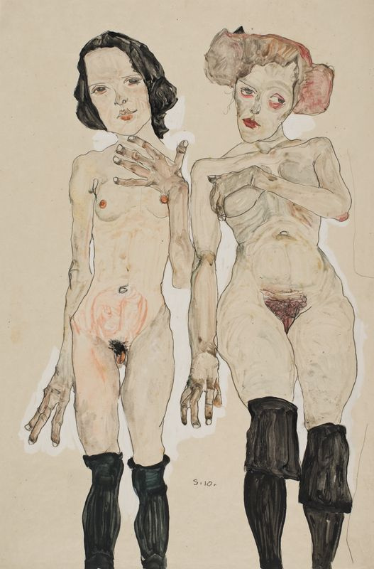 Egon Schiele. Dos chicas desnudas en medias negras.