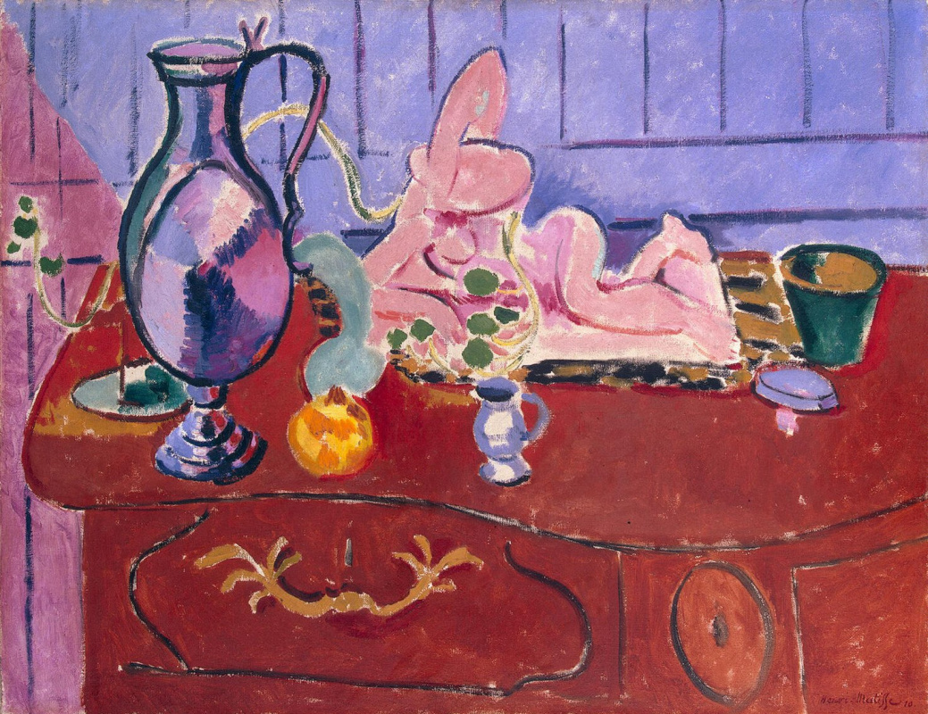 Henri Matisse. Pink statuette and pitcher on a red chest of drawers