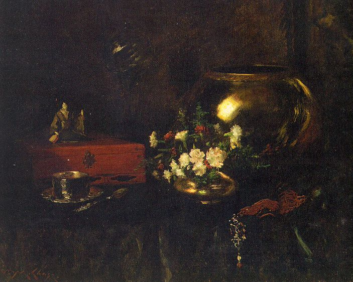 William Merritt Chase. Flowers and brass vase