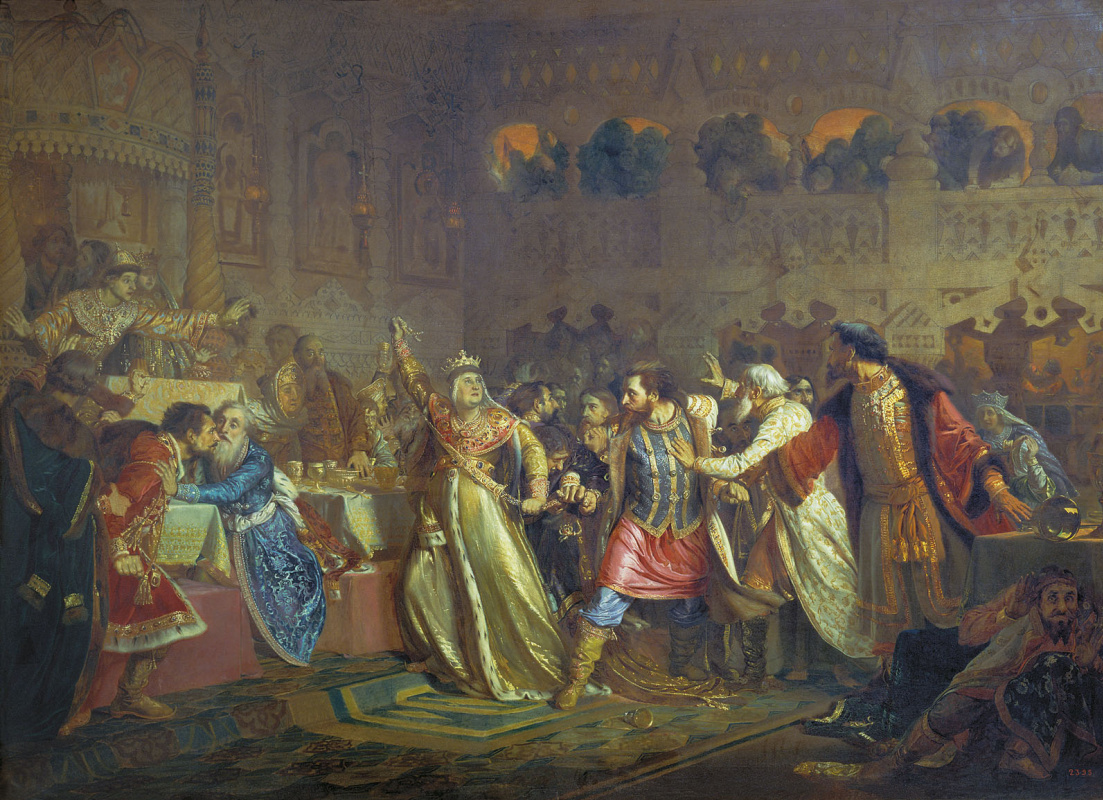 Pavel Petrovich Chistyakov. Großherzogin Sophia Vitovtovna bei der Hochzeit des Großherzogs Vasily the Dark im Jahr 1433 reißt den Gürtel, der einst Dmitry Donskoy gehörte