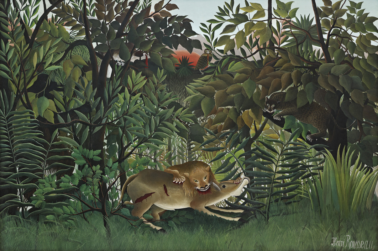 Henri Rousseau. A hungry lion pounces on the antelope