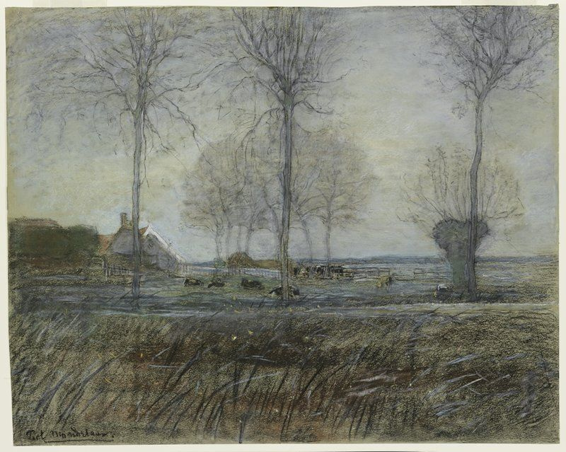 Piet Mondrian. The farm is surrounded by three tall trees in the foreground