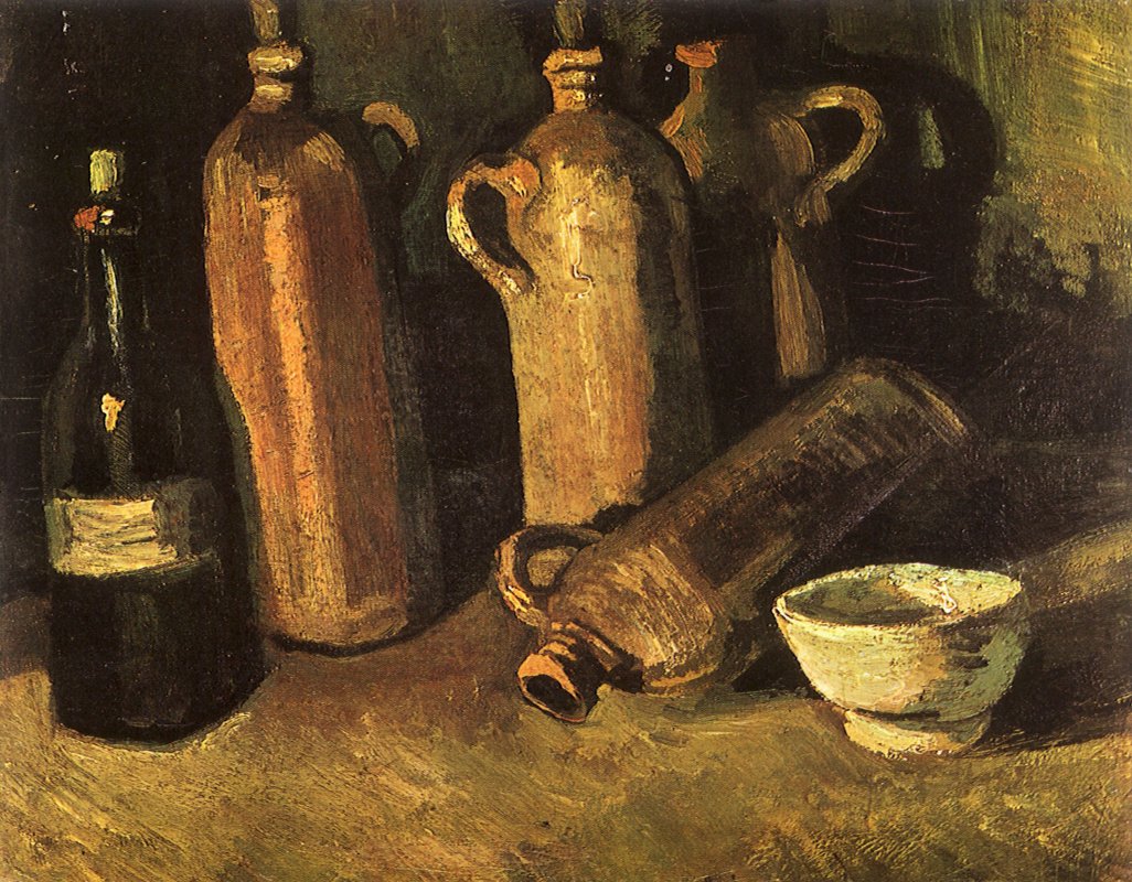 Вінсент Ван Гог. Натюрморт с четырьмя бутылками флягой и белой чашкой