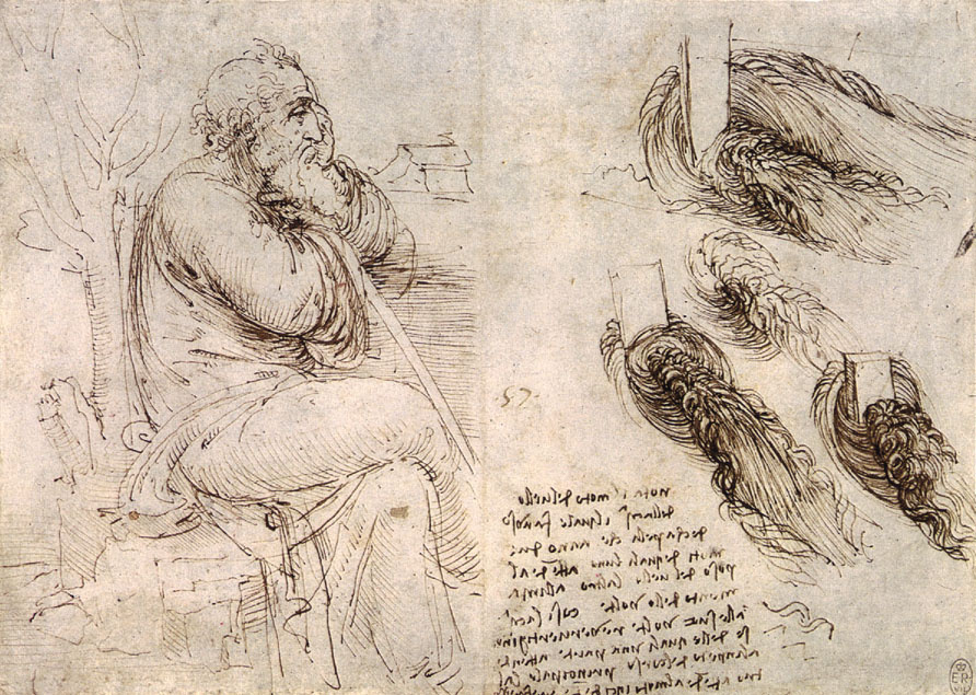 Leonardo da Vinci. Sitting the old man and sketches of the movement of water