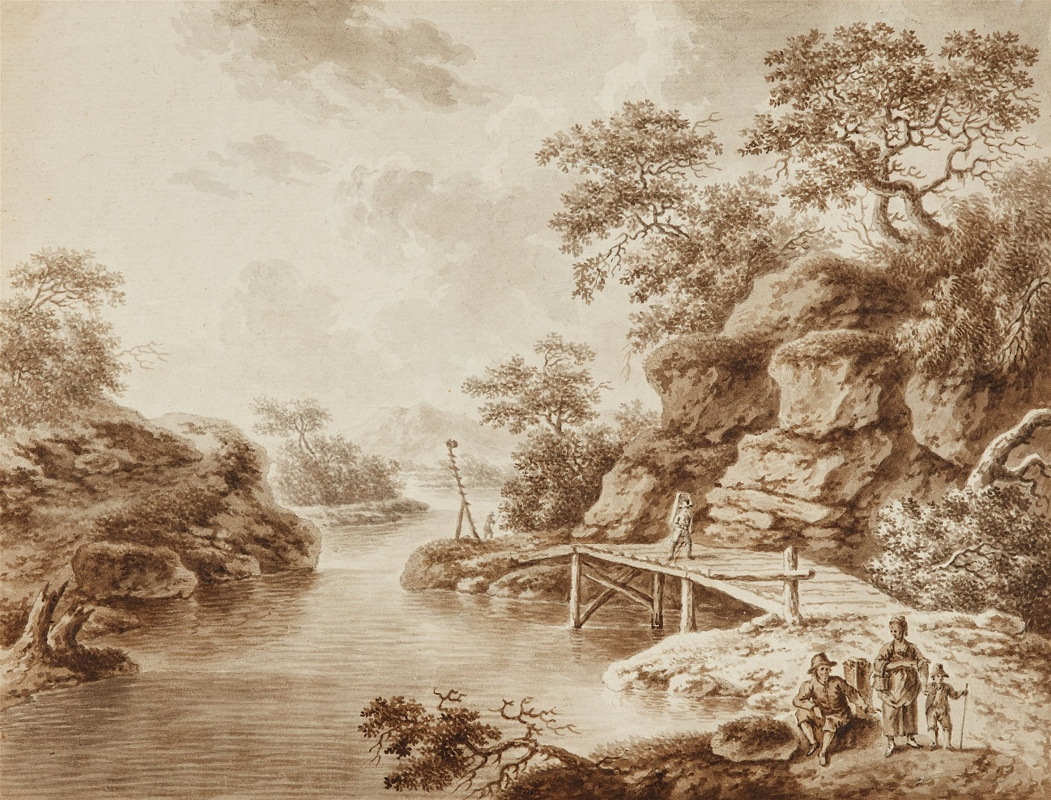 Unknown artist. Landscape with a Wooden Bridge and Travellers