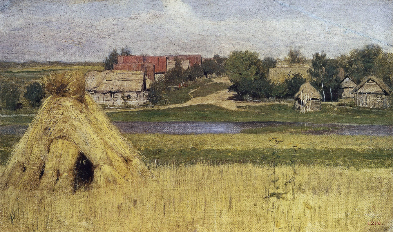 Isaac Levitan. Sheaves and a village beyond the river