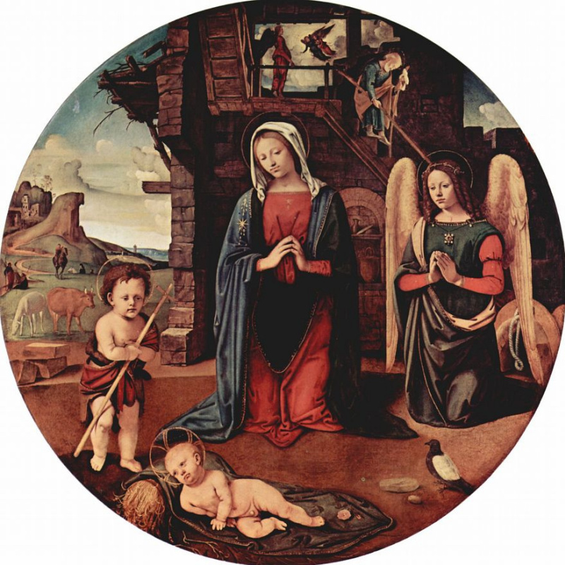 Пьеро ди Козимо. Поклонение младенцу, сцена: Мария, младенец Христос, коленопреклоненный ангел, св. Иоанн Креститель, тондо