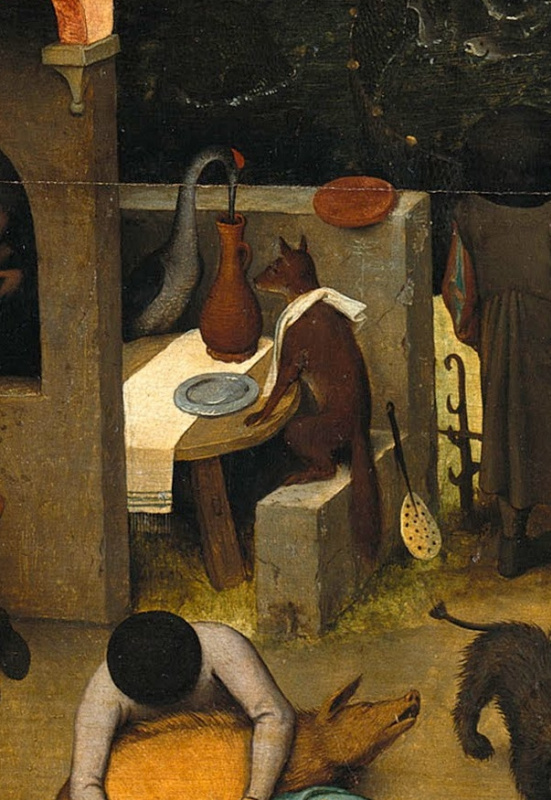 Pieter Bruegel The Elder. Flemish proverbs. Fragment: A fox and a crane entertained each other - two deceivers always remember their profit. Being a scoop for foaming is a parasite. What is the use of a beautiful plate, if you have nothing to put on it? - beauty is not self-worth