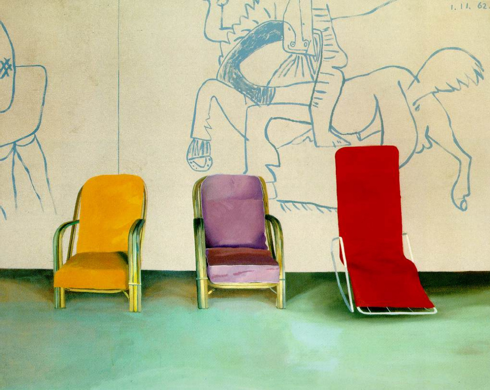 David Hockney. Three chairs near a mural of Picasso