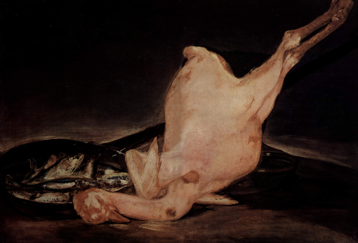 Francisco Goya. Still life plucked Turkey and pan with fish