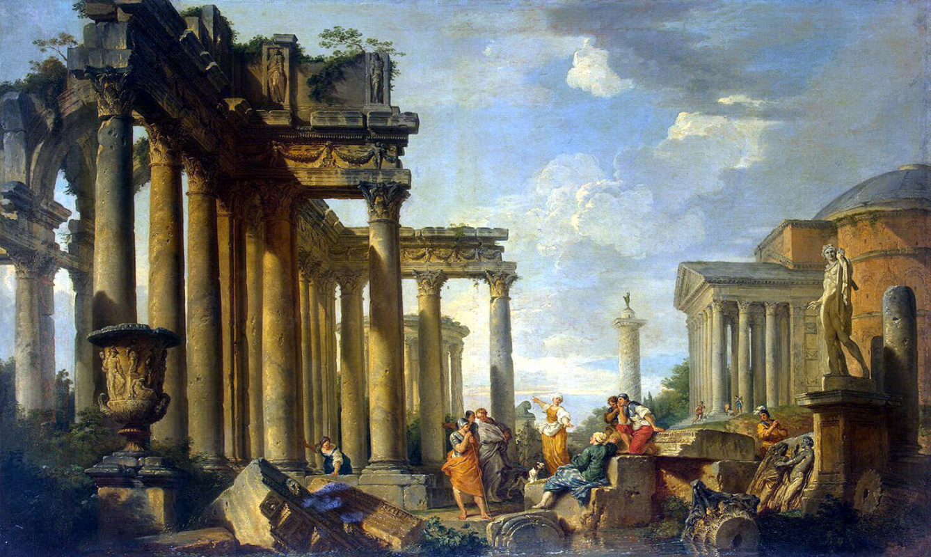 Giovanni Paolo Pannini. Sibyl sermon in Roman ruins with the statue of Apollo