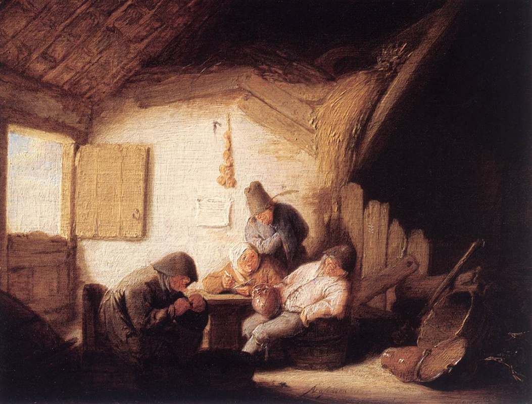 Adrian Jans van Ostade. Rural tavern with four figures