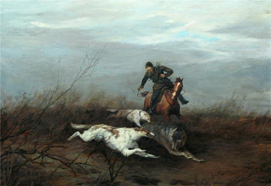 Evgheny Tikhmenev. Wolf hunting with greyhounds. 1904 31х52,9 cm