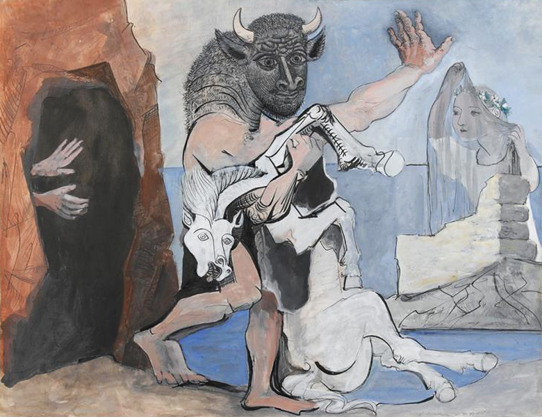 Пабло Пикассо. Минотавр с мертвой лошадью у пещеры перед девушкой в вуали