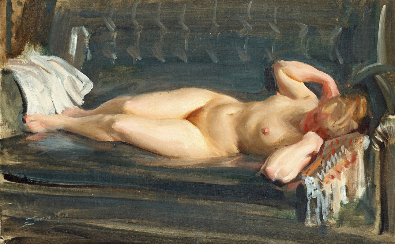 Anders Zorn. Nackt auf einem grauen Sofa