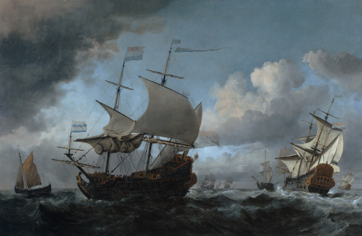 Willem van de Welde the Younger. Une flotte hollandaise va avant Четырехдневным la bataille du 11 au 14 juin 1966 «Лифде» et «Howden Louvain» sur l'avant-plan