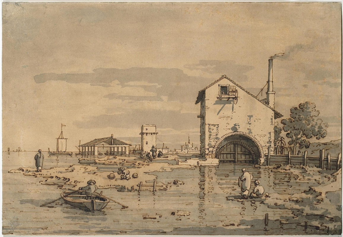 Giovanni Antonio Canal (Canaletto). Capriccio. House and tower on the lagoon