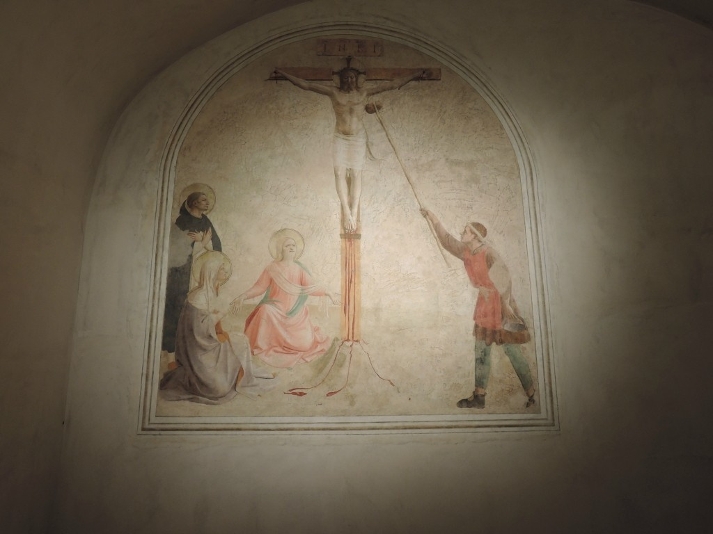 Crucifixion with Mary and St. Dominic: Christ stretch the sponge with water. Fresco of the Monastery of San Marco, Florence