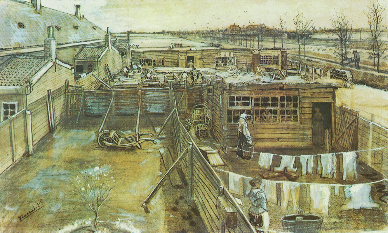 Vincent van Gogh. Carpenter shop and Laundry from the window of the artist's Studio