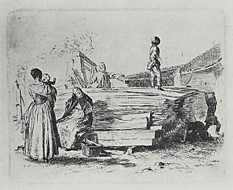 Adolf Friedrich Erdmann von Menzel. A series of "Experiments in etching" [11], a Stack of boards in the yard, the first state