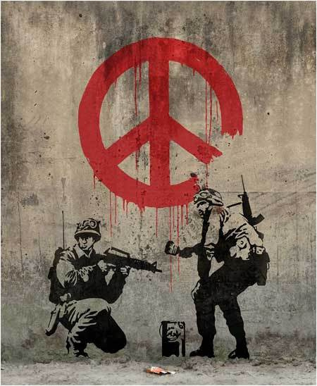 Banksy. Soldiers painting the sign "Peace"