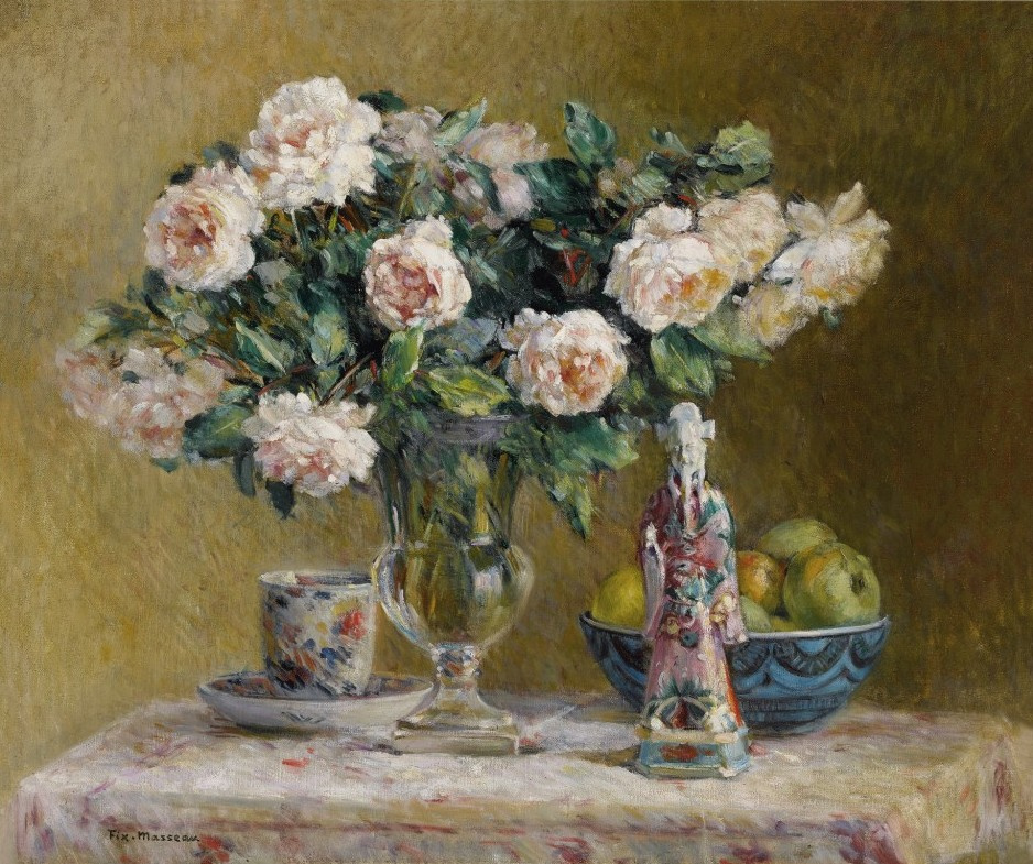 Pierre-Felix Fix-Masso. Still life with roses and a chinese courtier