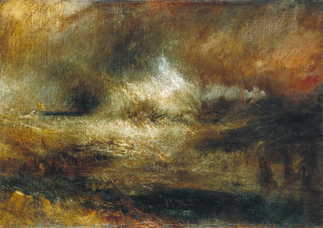 Joseph Mallord William Turner. A storm at sea with a flaming wreckage