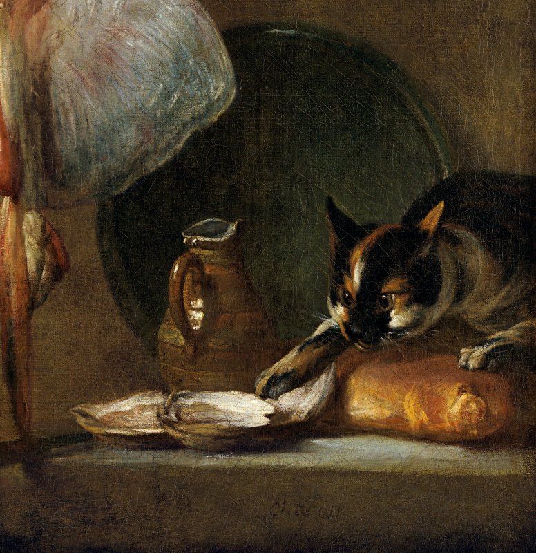 Jean Baptiste Simeon Chardin. Still life with fish, oysters and cat. Fragment