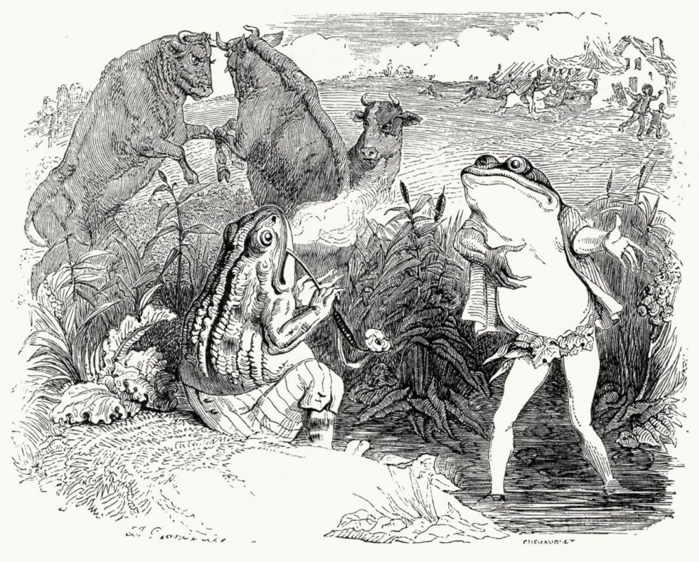 Jean Ignace Isidore Gérard Grandville. Two Bulls and a Frog. Illustrations to the fables of Jean de Lafontaine