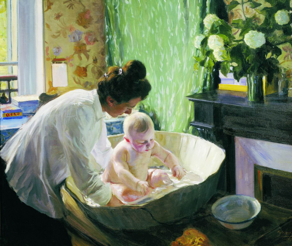 Boris Mikhailovich Kustodiev. Matin Représentation de Julia Evstafevna Kustodiev, épouse de l'artiste, avec son fils aîné Cyril