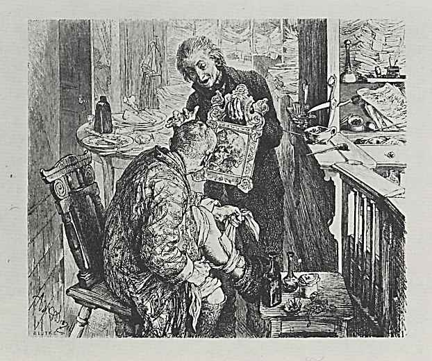 Adolf Friedrich Erdmann von Menzel. Illustration for "the Broken jug" by Heinrich von Kleist, Clerk Licht finds the village judge Adam saintemilion leg