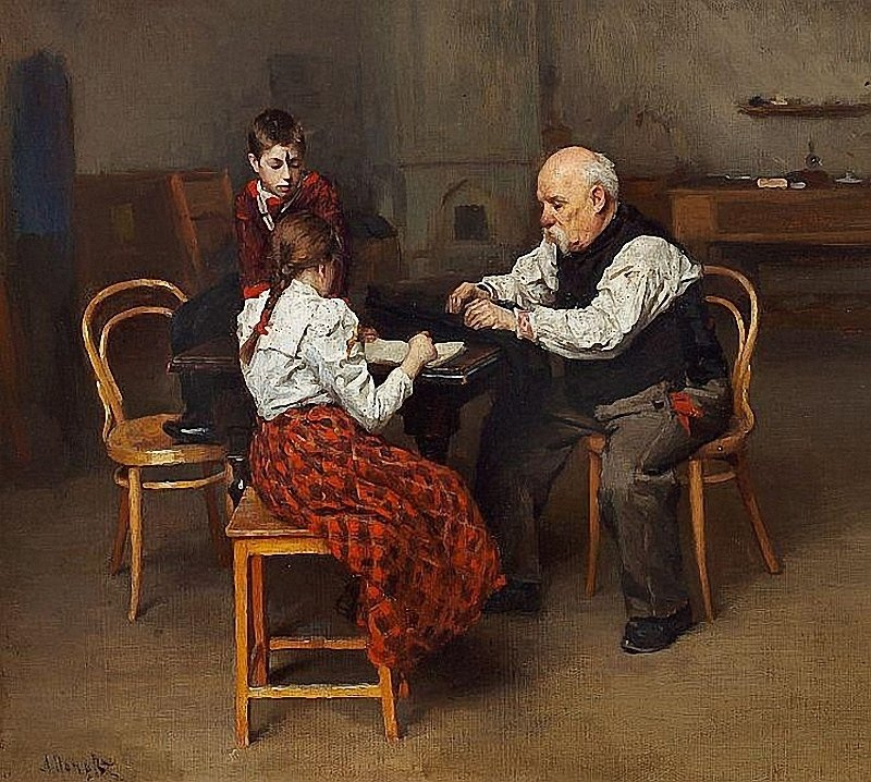 Lukian Vasilyevich Popov. Grandfather helps granddaughter with homework. Private collection