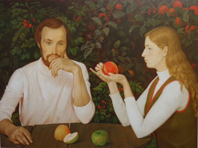 Dmitry Zhilinsky. "Summer. The artists Olga and Yuri Ivanov" 1976 Tempera, gesso, canvas on chipboard