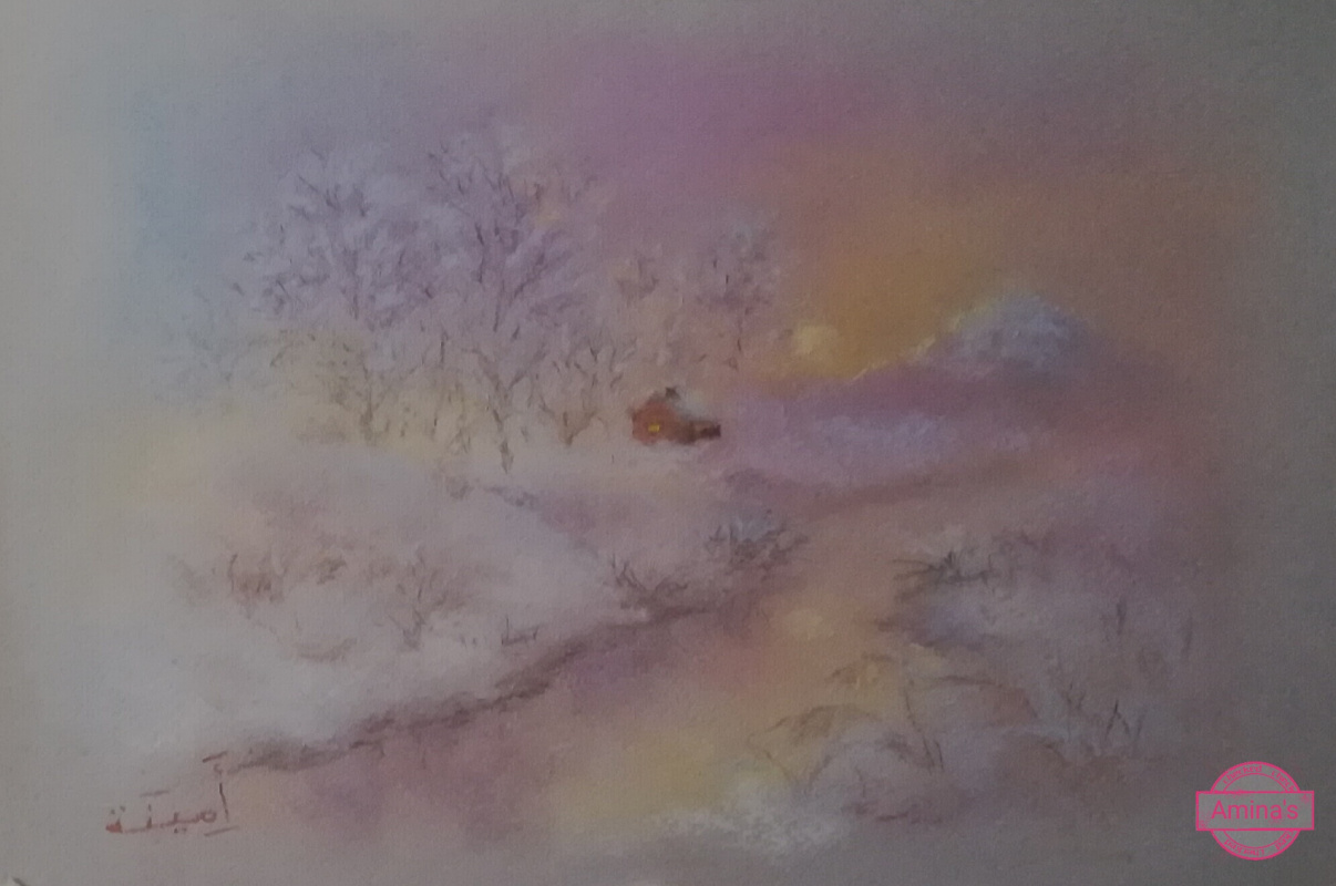 Amina. Peinture du paysage au pastel sec "La maison près de la montagne enneigée"