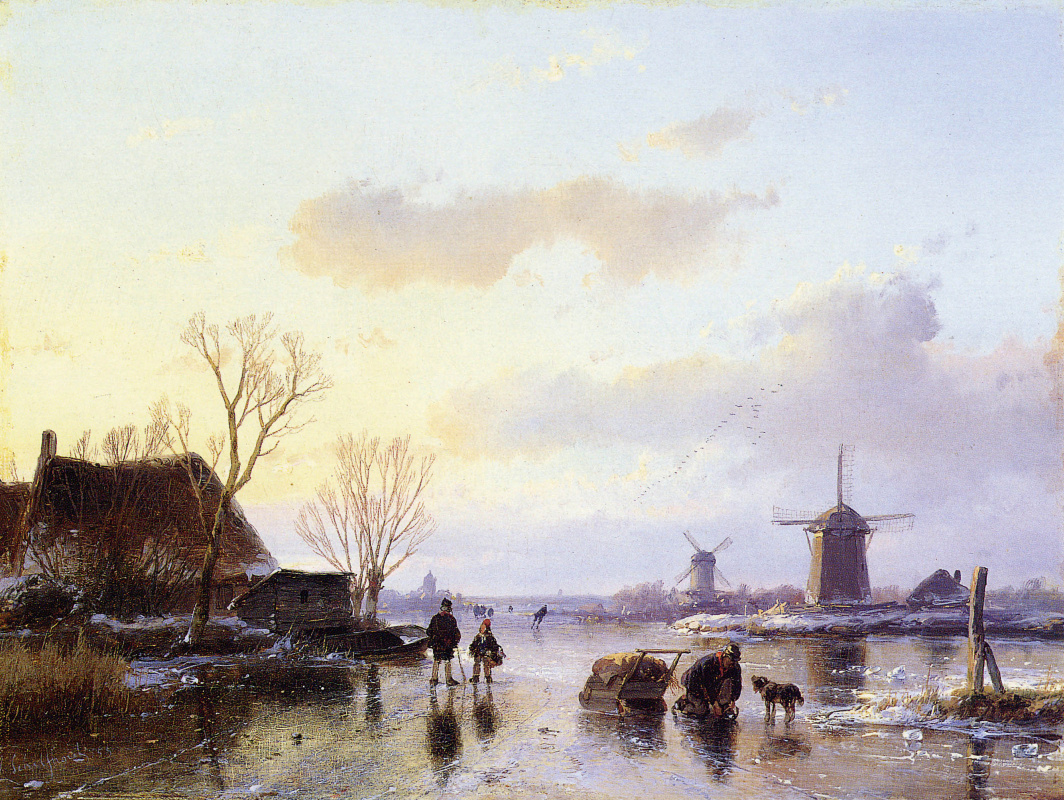 Andreas Schelfout. Windmills along the frozen canal