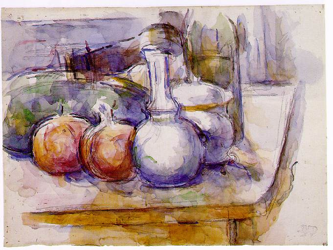 Paul Cezanne. Still life with carafe, sugar bowl, bottle, pomegranates and watermelon