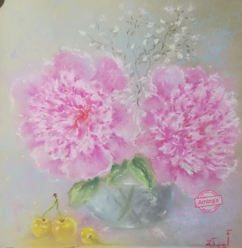 Amina. Author's picture by dry pastel. Gentle still life with peonies and sweet cherry