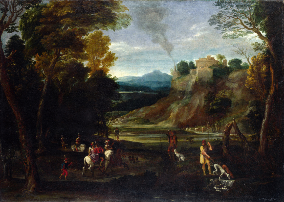 Battista Viola Giovanni. Landscape with a group of hunters